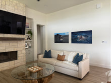 Load image into Gallery viewer, Modern living room with a fireplace, television, and two wall-mounted metal prints.
