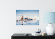 Load image into Gallery viewer, Metal print mock up on a wall near a console table and lamp.
