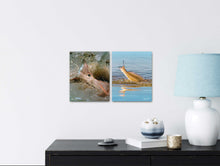 Load image into Gallery viewer, Two redfish metal prints Side by side on a white wall near a table with a lamp.
