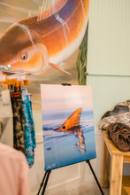 Load image into Gallery viewer, Redfish print on metal at a fly shop.
